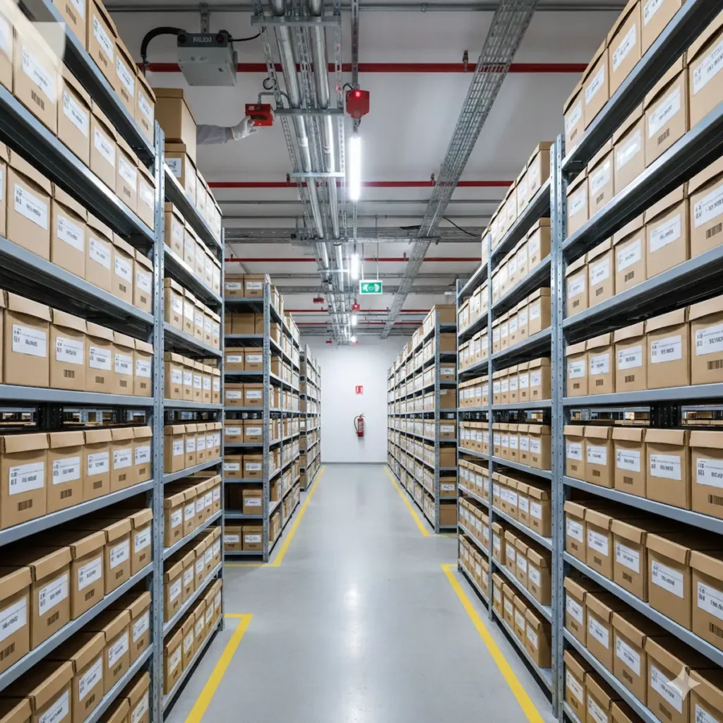 Estanterías de archivo muerto con sistemas de prevención de incendios y detección de humo en bodega de Mercury.