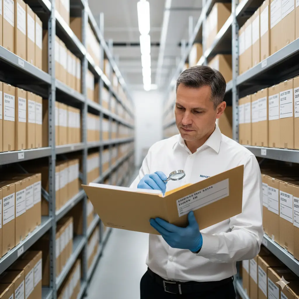 Archivista profesional de Mercury Data con guantes, examinando un documento con lupa en un almacén de archivo organizado y seguro en México.