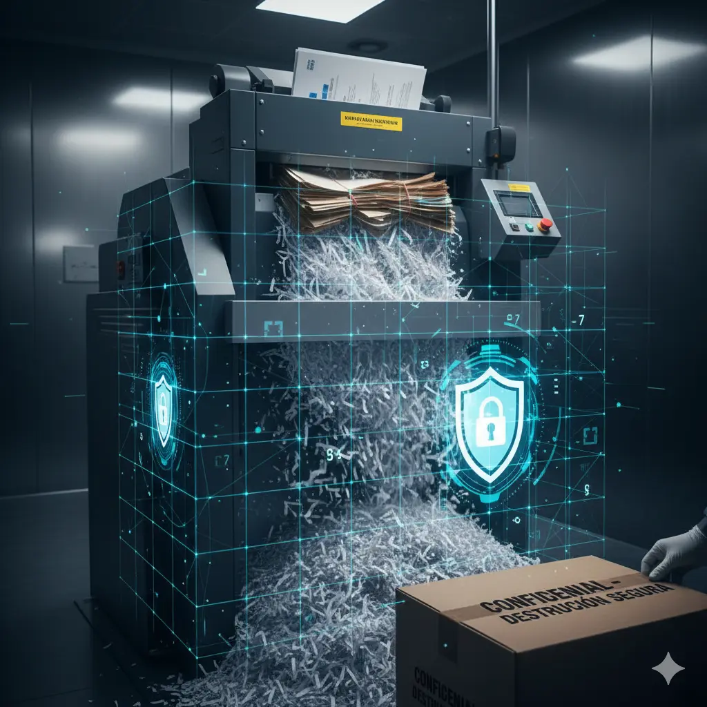 Trituradora industrial de Mercury Data destruyendo documentos confidenciales de forma segura bajo estándares de ciberseguridad física en México.