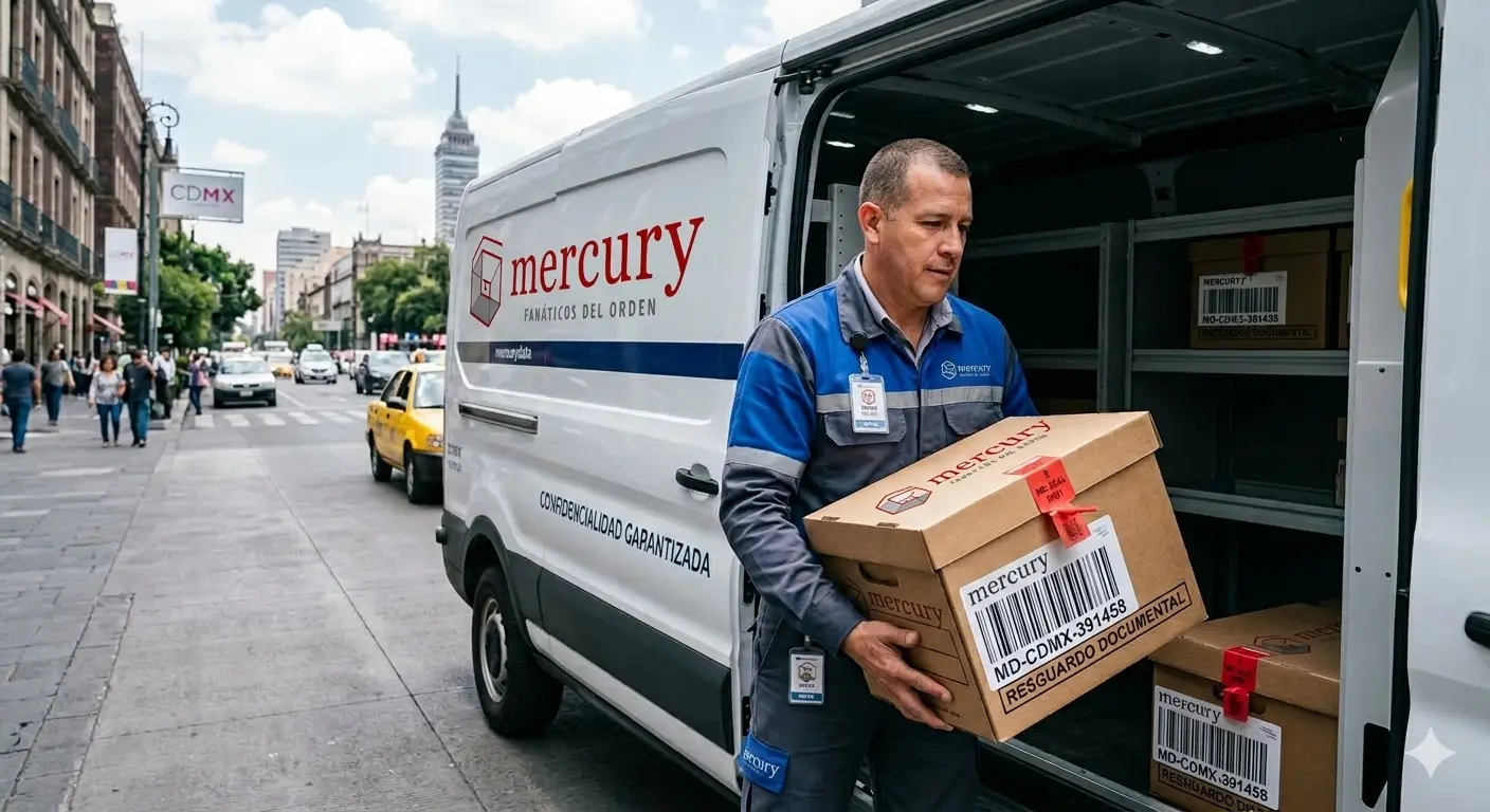 Personal de Mercury Data realizando una recolección segura de cajas de archivo con código de barras y precintos en CDMX, garantizando la cadena de custodia en el transporte de documentos.