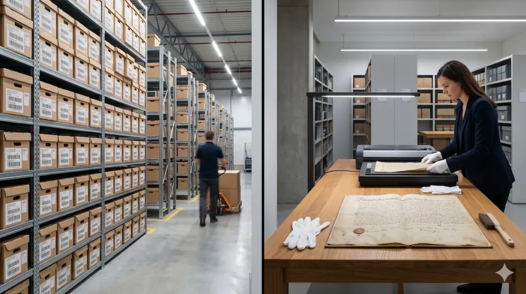 Diferencia entre archivo de concentración y archivo histórico en la archivonomía corporativa de una empresa con estanterías industriales organizadas.