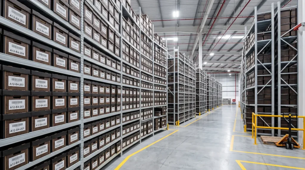 Bodega de archivo profesional organizada con cajas estandarizadas y etiquetas de código de barras de Mercury Data en México.