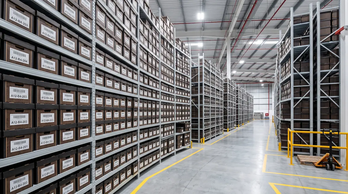 Bodega de archivo profesional organizada con cajas estandarizadas y etiquetas de código de barras de Mercury Data en México.