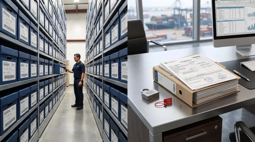 Resguardo y custodia de expedientes aduanales y pedimentos de comercio exterior en bodega certificada de Mercury Data en México.